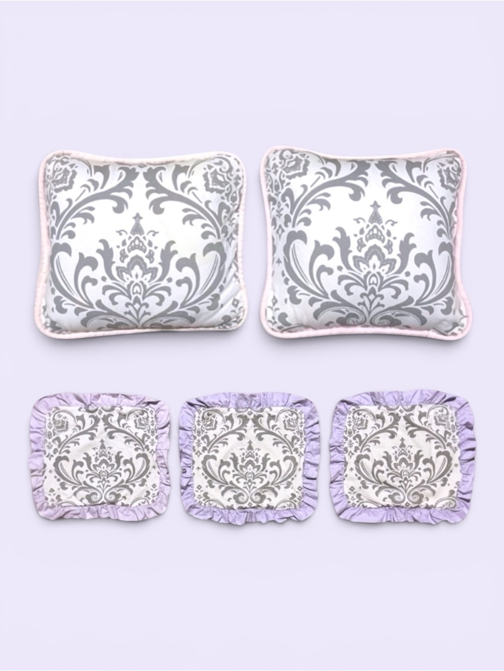 5 Pillows Carousel Designs 3 Lilac & Gray Damask Pillow Squares & 2 Pink & Gray